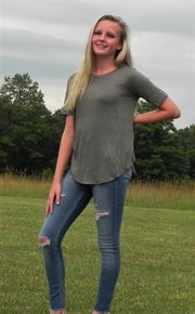 High Low Shirt tail Hem Loose Fit Top/ Olive