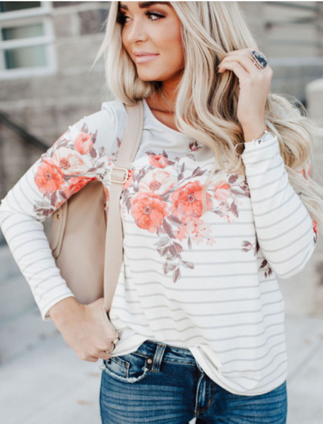 White Floral Striped Print Long Sleeve Top