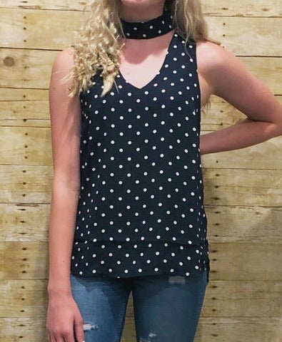 Wool Dobby Polka Dot Mock Necked Sleeveless Blouse with Front V-Neck Keyhole